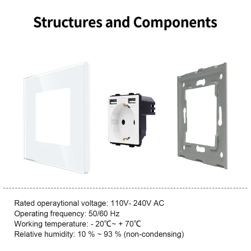 BINGOELEC Wall USB Power Socket Glass Panel Bedroom Sockets AC 110V-250V 16A Wall Embedded Double USB Type-C EU Standard Outlet