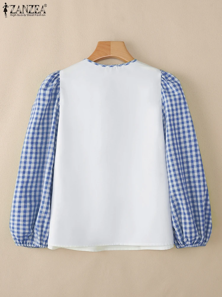 ZANZEA بلوزات نسائية غير رسمية مطبوعة بالورود لخريف 2025 رقبة دائرية وأكمام طويلة منتفخة بلوزات عطلة القماش القطني المرقعة