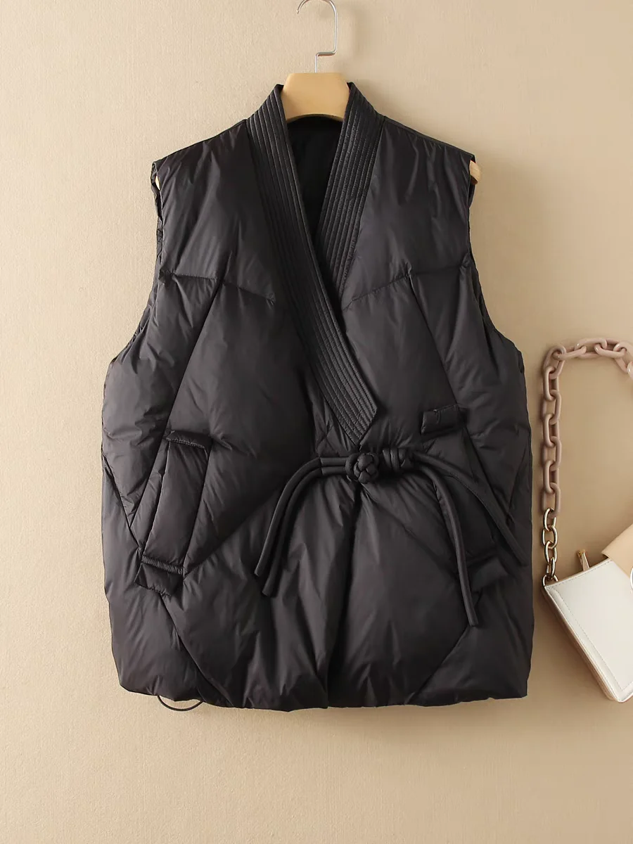 Red Thiened down Cotton Vest Women's Outerwear New Chinese Sle Winter Faionable Top Coat Warm V-ne ket Detail