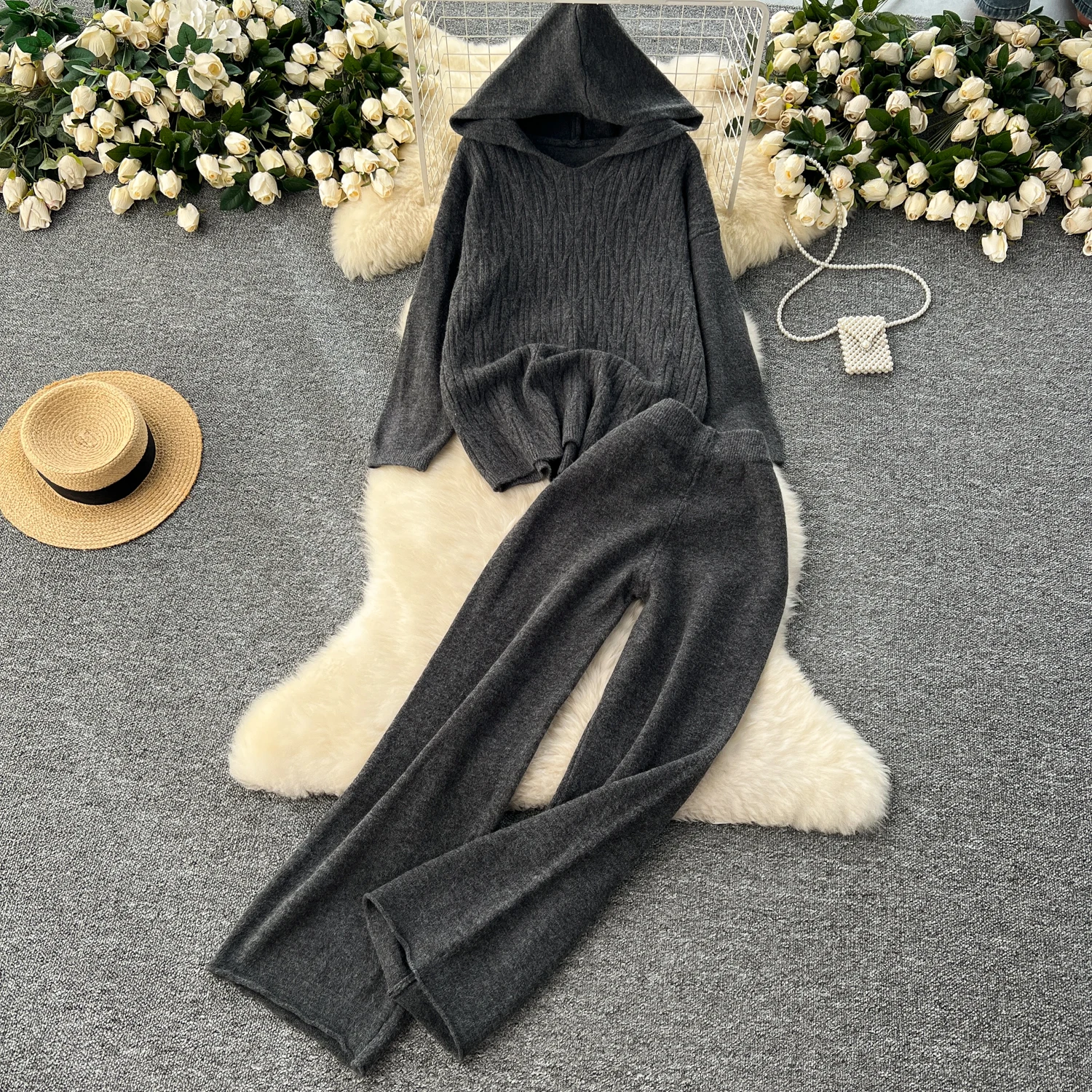 REALEFT Autumn Winter 2 Pieces Women\'s Sets Outfit Knitted Tracksuit Loose Hooded Sweater and Straight Jogging Pant Suit 2024