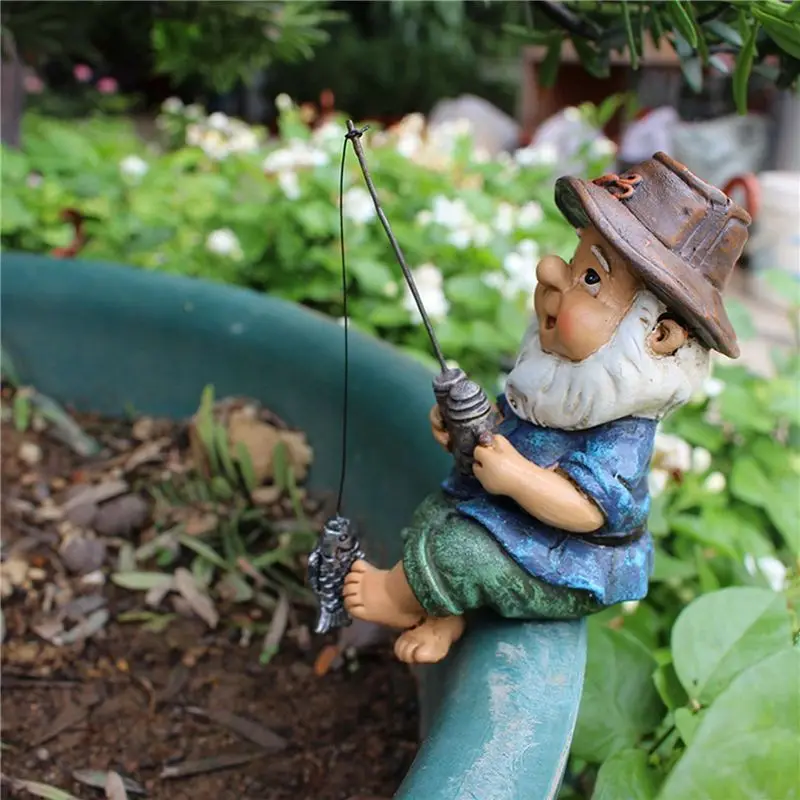 ABWR-2X Garden Gnome Statue Resin Fishing Dwarf Elf Statue Outdoor Pastoral Landscape Ornaments For Garden Yard Lawn Decor
