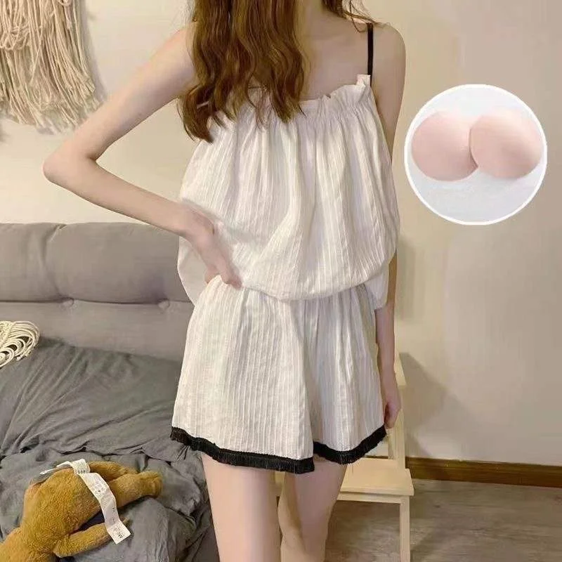 Sexy Strap Vest Nightgown Women's Summer Two-Piece Set Thin Korean Style Home Clothes Spring Autumn Season Polyester Fabric