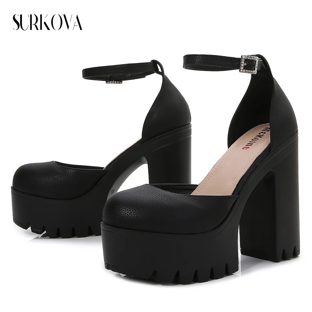 

Thick-Soled High-Heeled Shoes 2023 New Round Head Side Air Waterproof Platform Lady Sandals Bright Leather Fashion Women Shoes