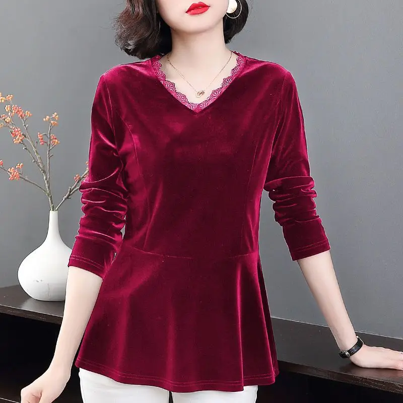 Casual Solid Color Pleuche Shirt Women\'s Clothing Commute Slim Waist Autumn Winter Elegant V-Neck Stylish Lace Spliced Blouse