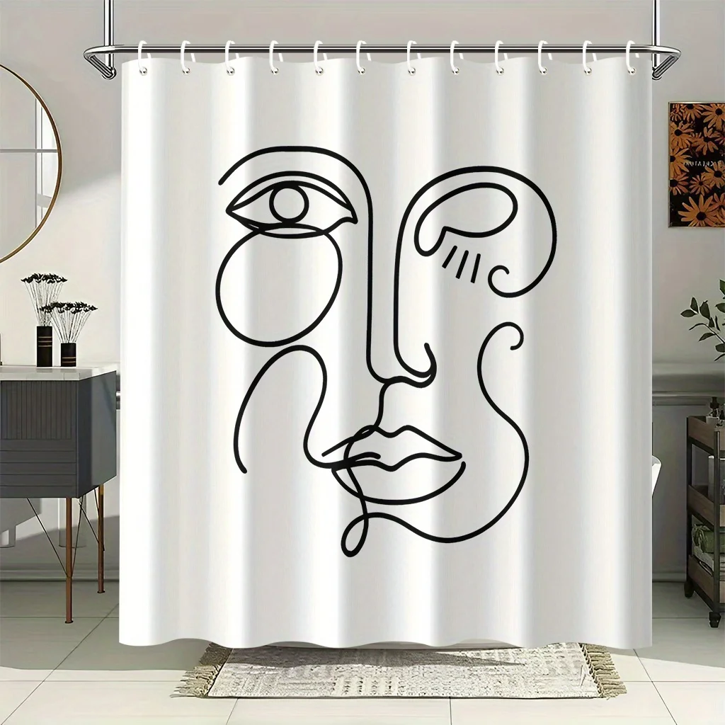 Contemporary Line Art Face Shower Curtain 1pc with 12 Hooks for Bathroom Home Decor Polyester 2D Flat Print 70.8x70.8 Inch
