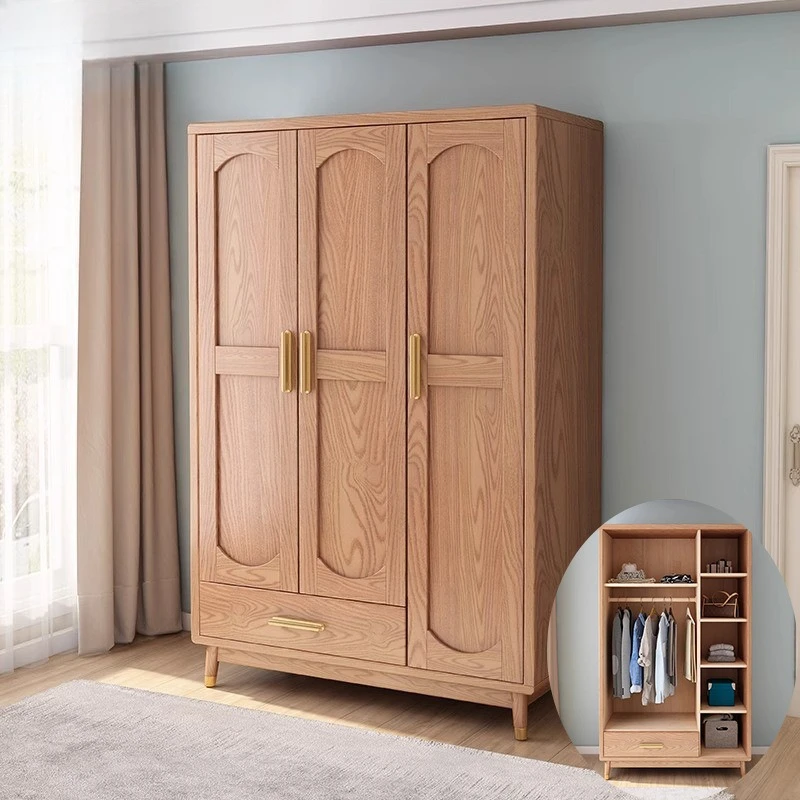 Solid wood household rubber wood door 1.2 meters three-door small apartment two-door wardrobe