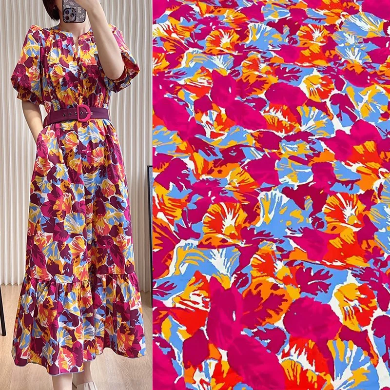 2024 Europe and America Yellow/Red/Blue Flower Printed Poplin Cotton Fabric For Women Summer Dress Blouse DIY Cloth Sewing