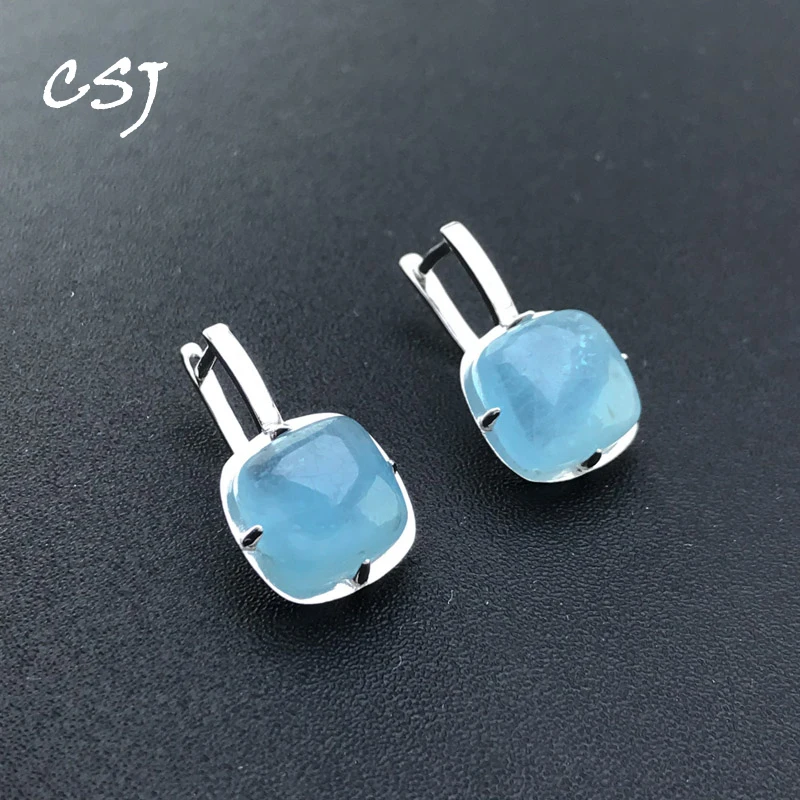 CSJ Natural Aquamarine Earring Sterling 925 Silver Malachite Blue-veins stone Cushion 10mm for Women Birthday Party Jewelry Gift