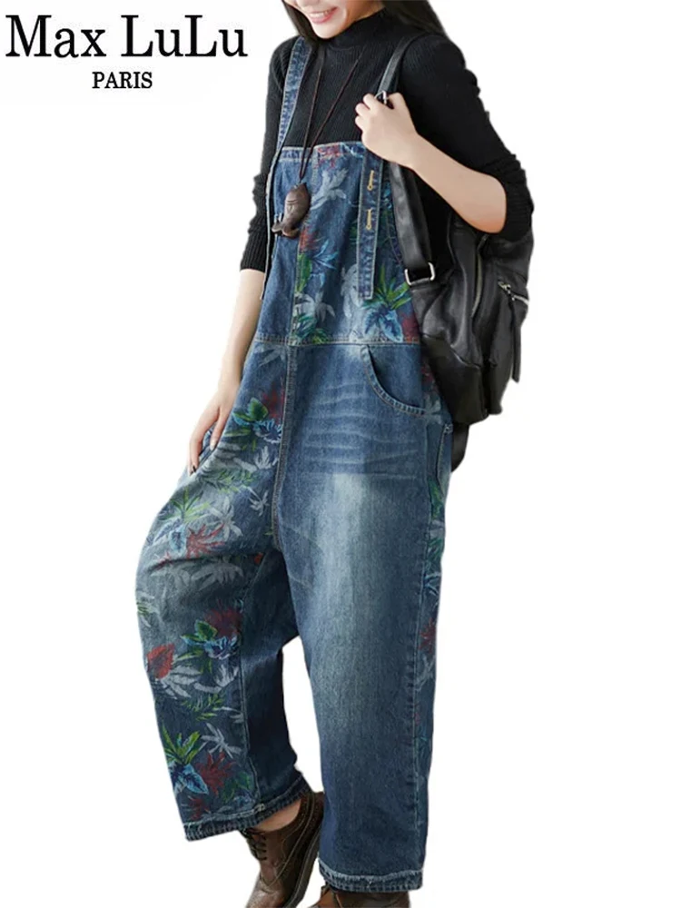 Max LuLu 2024 Fall Korean Fashion Jeans Womens Vintage Loose Overalls Ladies Casual Printed Denim Trousers Classic Floral Pants