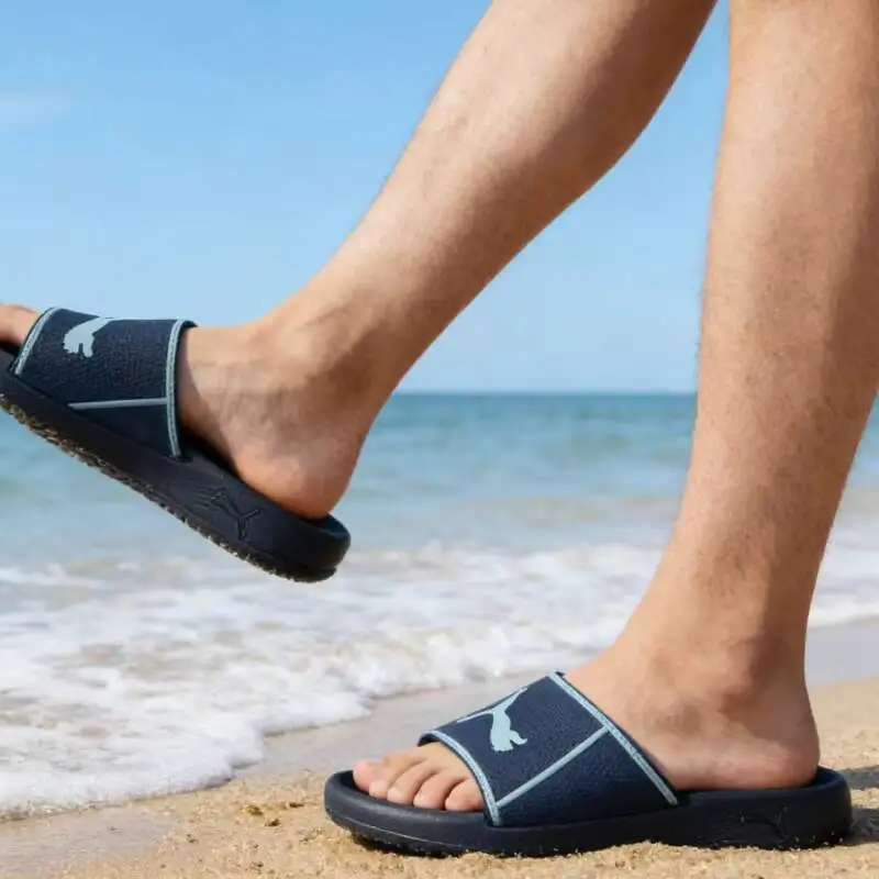 2026 new Puma Slide Sandals Color Block Cat Logo Non Slip Casual Slides Navy Blue Tropical Lake Blue 384262-10