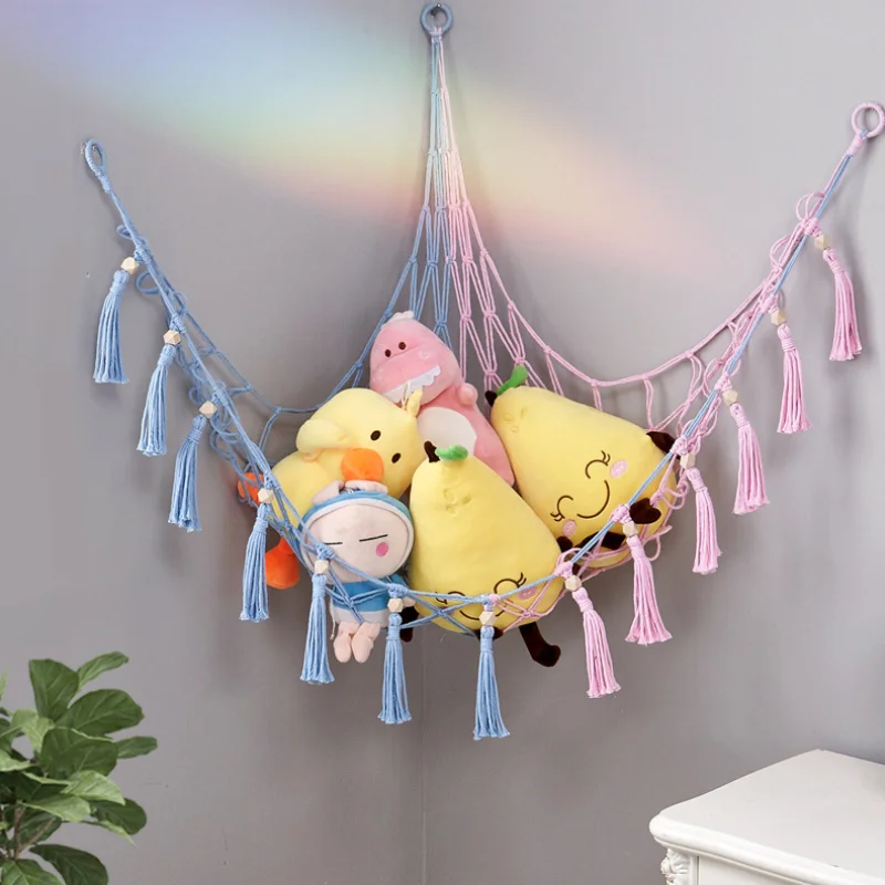 Hand Woven Cotton Rope Wall Corner Storage Mesh Toy Pocket Bedroom Doll Hammock