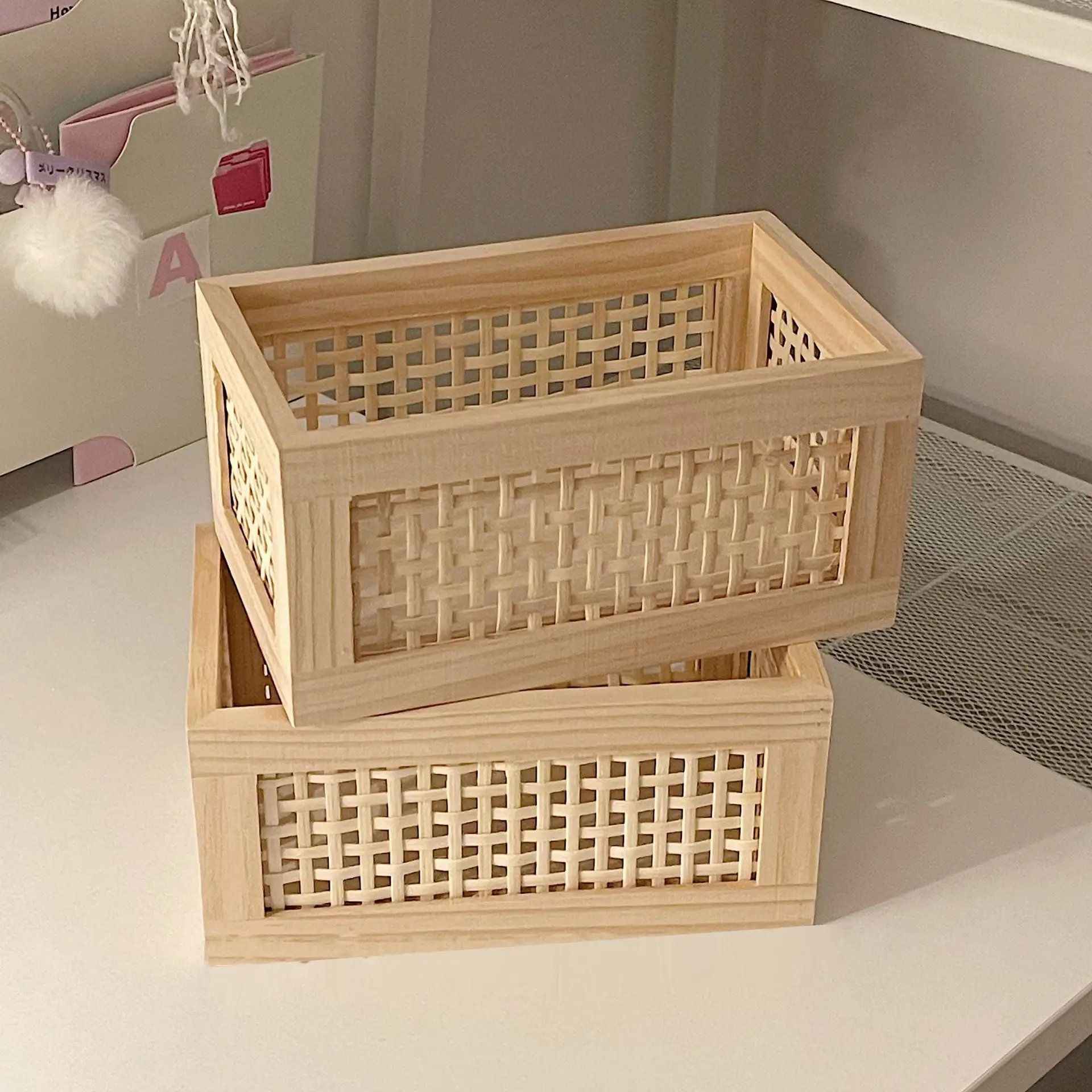 Retro Rattan Organizer Storage Box Japanese Style INS Desktop Cosmetics Debris Snacks Miscellaneous Vintage Bamboo Woven Store