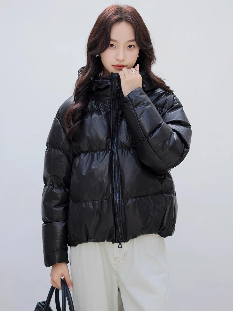 여성용 짧은 후드 진짜 가죽 구스 다운 재킷 2025년 신상 고급 심플한 플러피 따뜻한 겨울 리얼 염소가죽 다운 코트