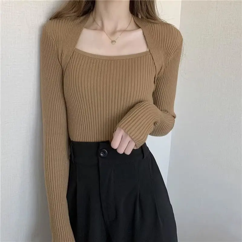 Autumn Winter New Korean Version Slim Square Collar Appear Thin Temperament Commute Knitted Sweaters Women\'s Long Sleeve Tops