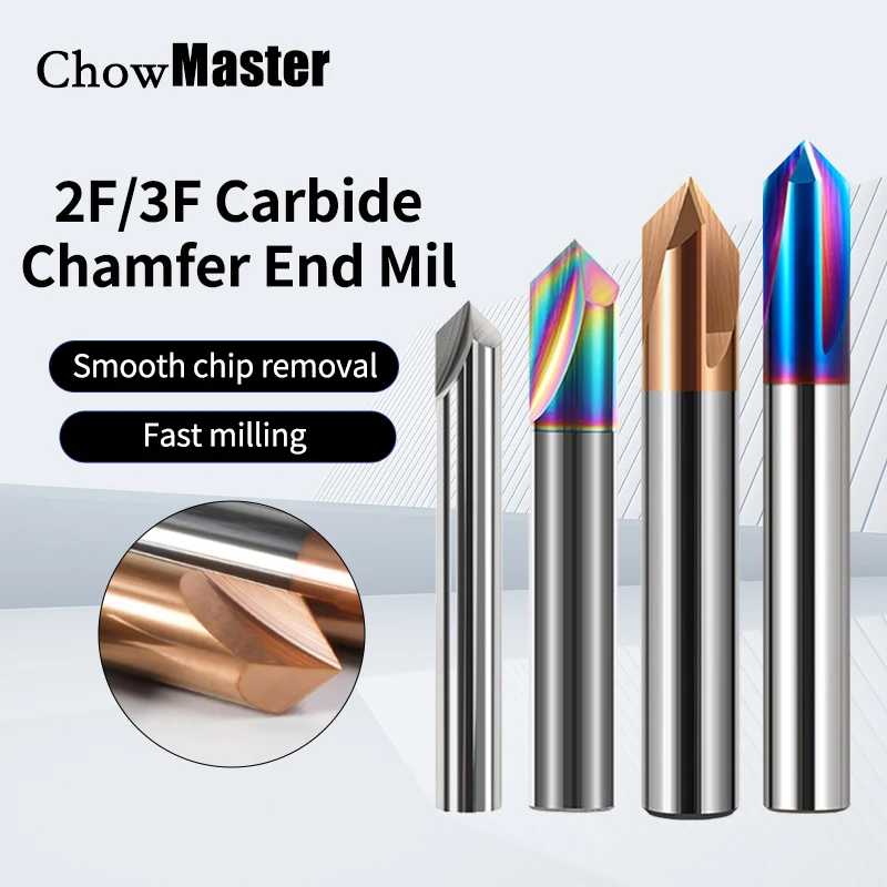 Chowmaster HRC65 3-Flute Tungsten Steel Carbide 60/90/120 Degrees Chamfer Milling Cutter CNC Router Bit Engraving Endmill Tools