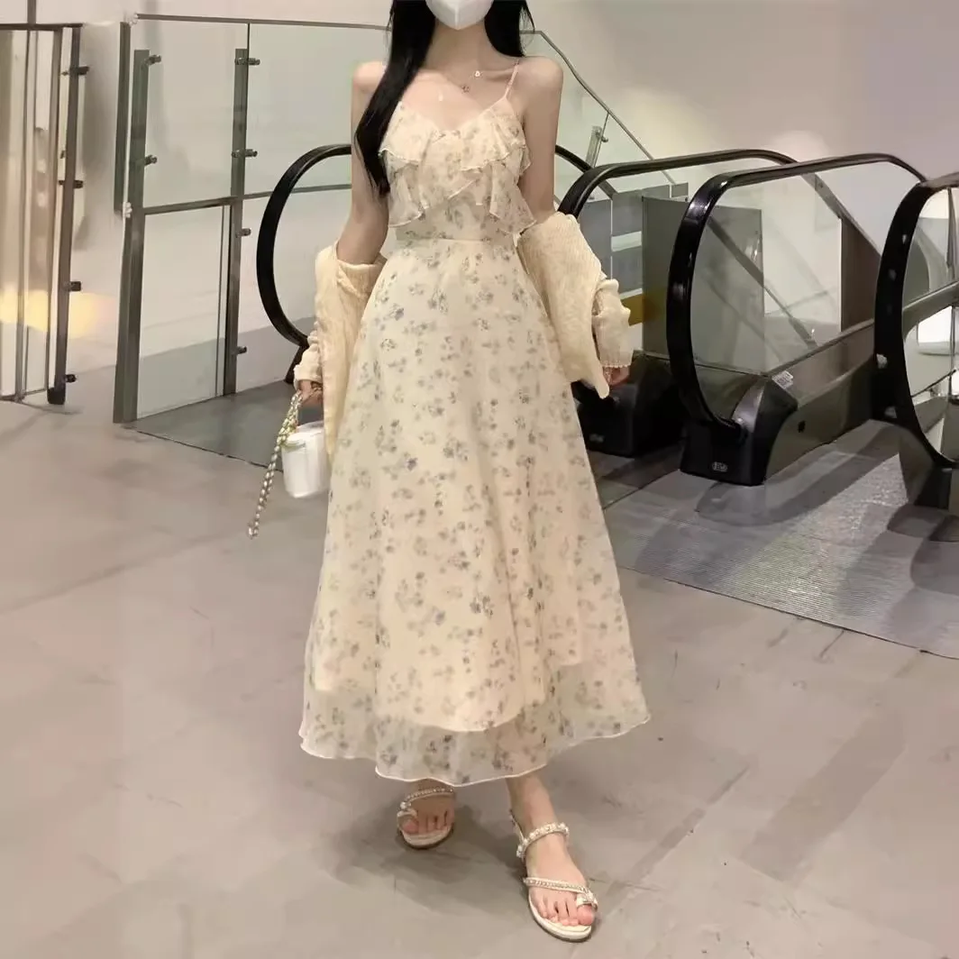 

Floral Long Strap V-Neck Midi Dress Women Elegant Gentle Tea Break Beach Chiffon Skirt High Waist A-Line Dress Polyester Fiber