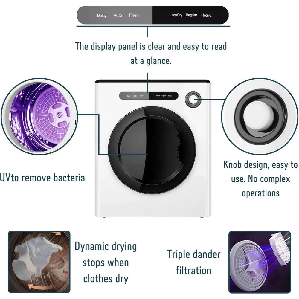 Clothes Dryer, 1.6cu.ft Front Load Electric Dryers Machine With Exhaust Pipe, Auto Stop And Easy Control,  Portable Cloth Dryer