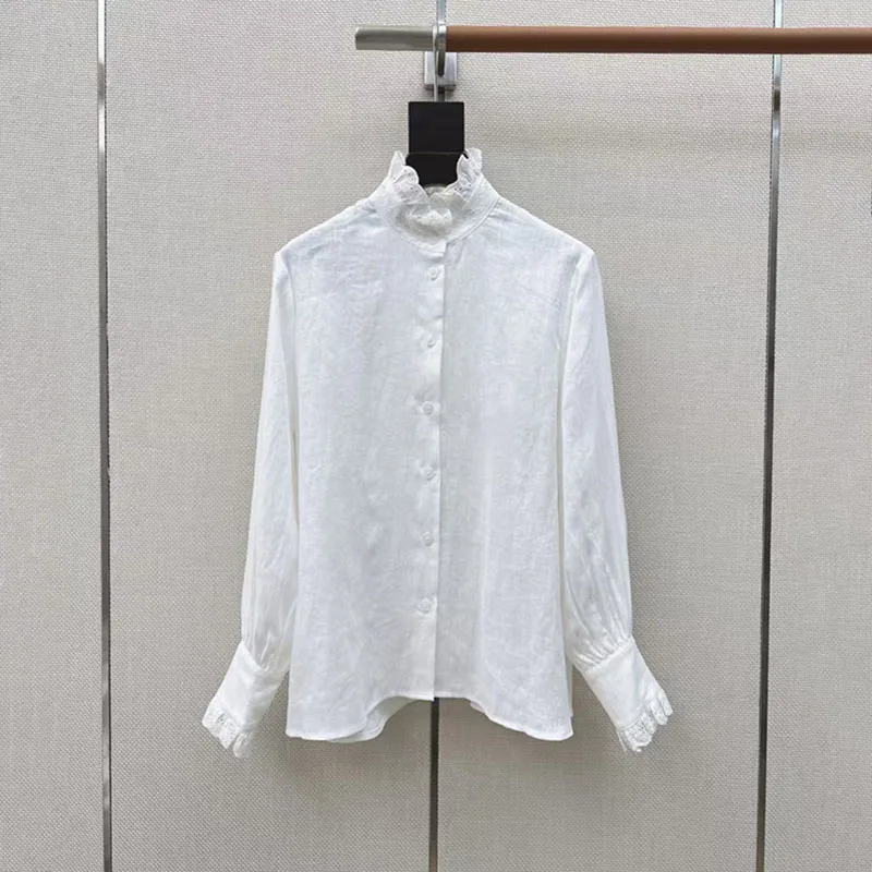 Women's Lace Stand-Up Collar Linen Shirt, Casual and Versatile Top, Stylish and Elegant Blouse, 2026, New Arrival, Y2K