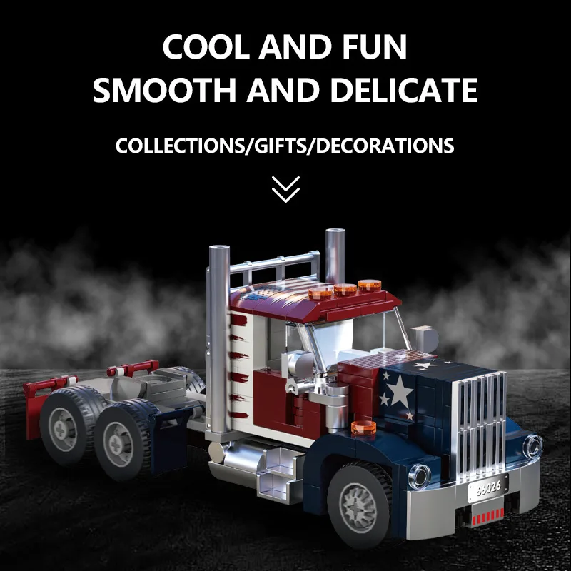 Amerikaanse heavy-duty vrachtwagenkop, houten vrachtwagenbox, aanhangerkop, bouwsteenmodel, montage, speelgoed, verjaardagscadeau voor jongens