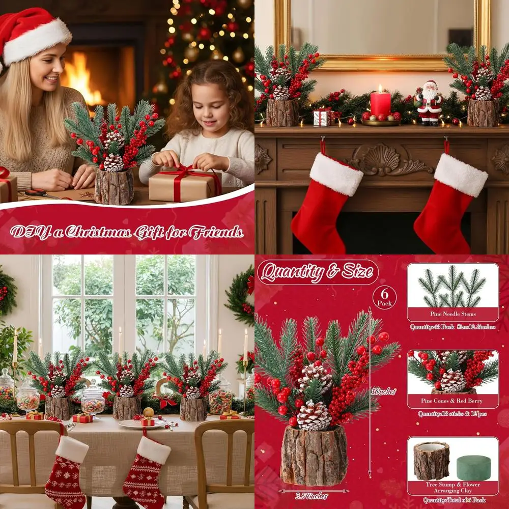 

11-Inch Potted Christmas Tree with Needle Branches, Pine Cones, Berries & Holly for Home and Office Decor