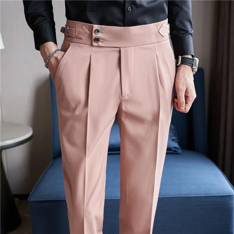 Pantalon décontracté de style britannique pour hommes, taille haute, conception de ceinture rose, FjFormal, bureau, social, robe de soirée de