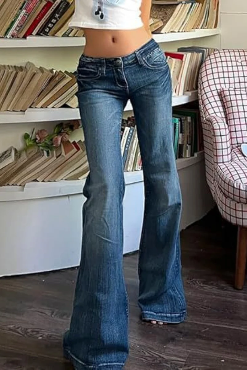 Women Vintage y2k Flared Jeans Retro Button-up Low Rise Casual Denim Pants Harajuku 2000s Aesthetic Trousers Basic Jeans
