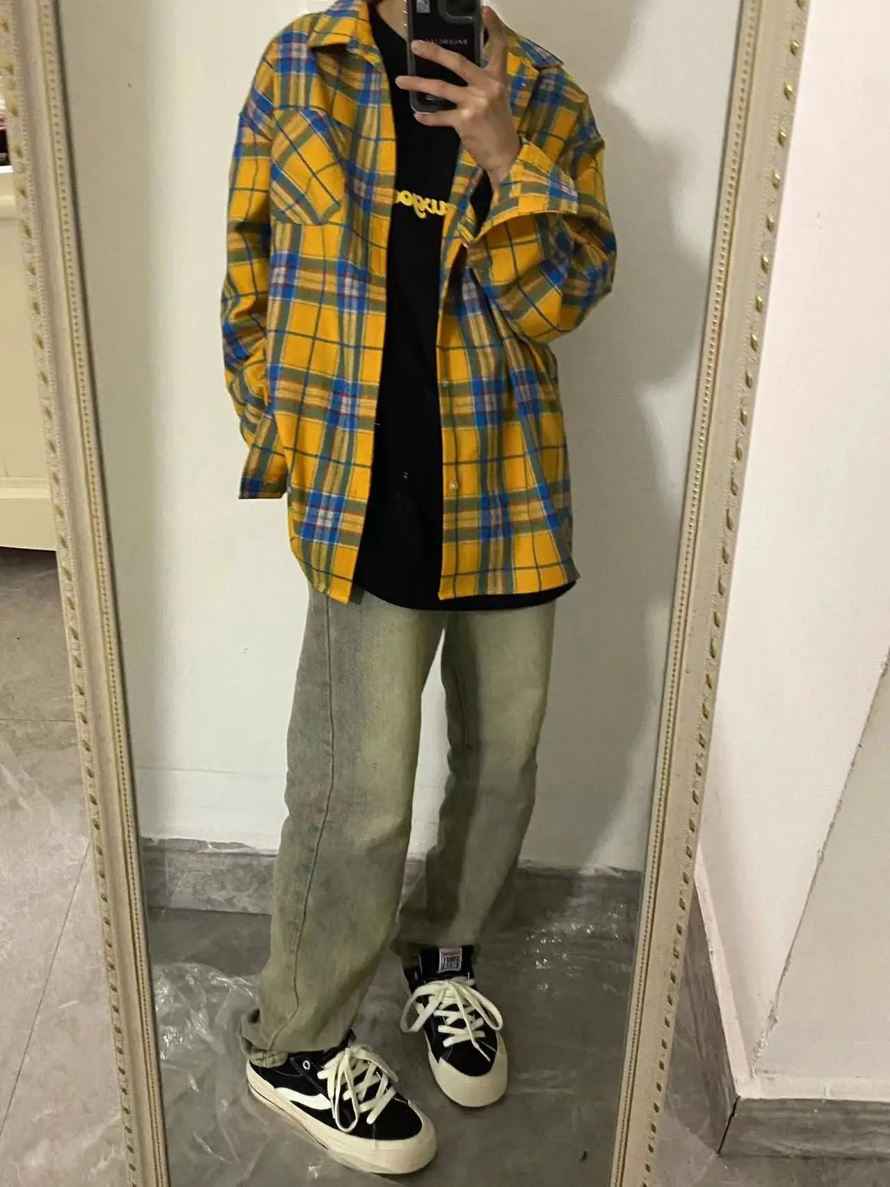 Yellow Plaid Long Sleeve Shirt American Retro Cleanfit Premium Feel Men's Autumn Japanese Style Thin Outerwear Boy's Summer Wear