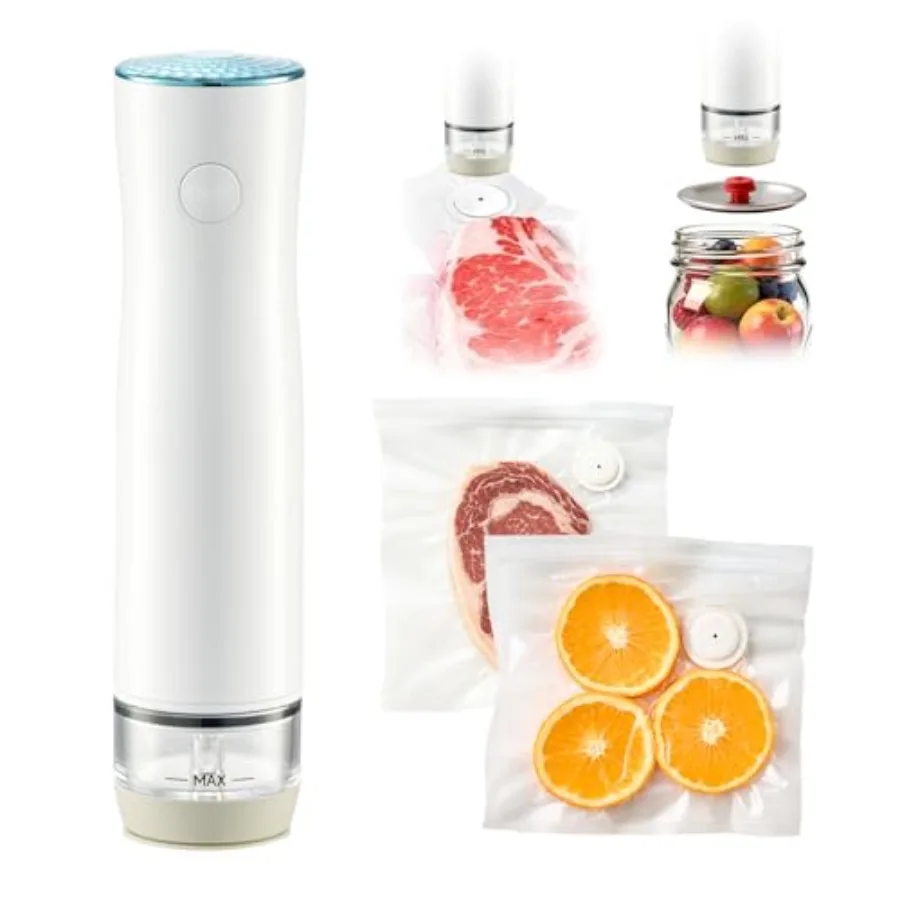 

2-in-1 Vacuum Sealer for Food, Portable Vacuum Sealer Machine with 30 Reusable Vacuum Bags+ 4 Mason Jars Lids, Rechargeable Foo