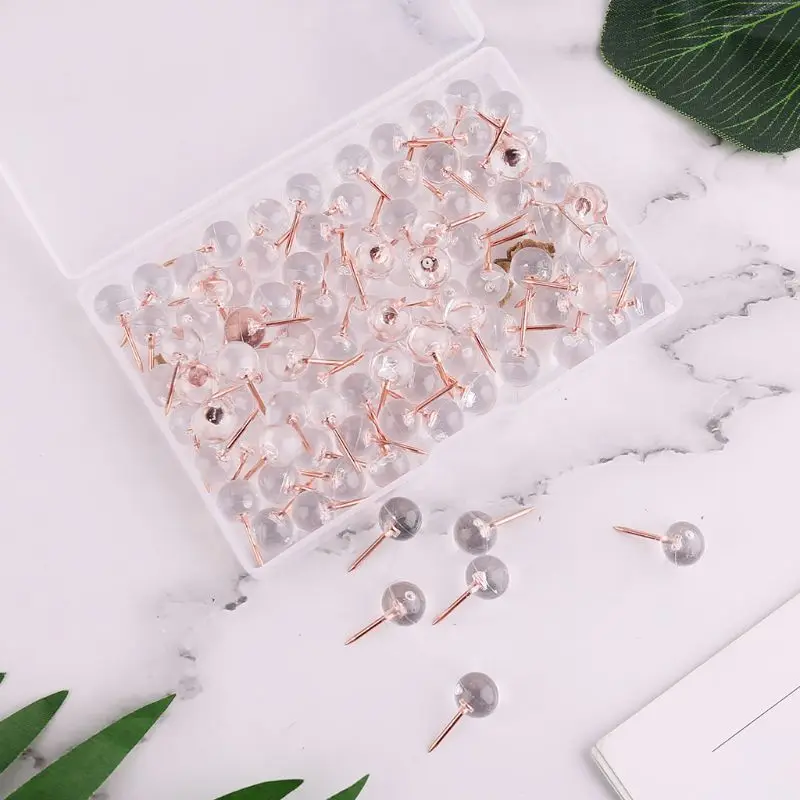 100pcs/box Transparent Rose Gold Push Pins Thumb Thumbtack Board Pins Drawing Photo Wall Studs Office School Supplies