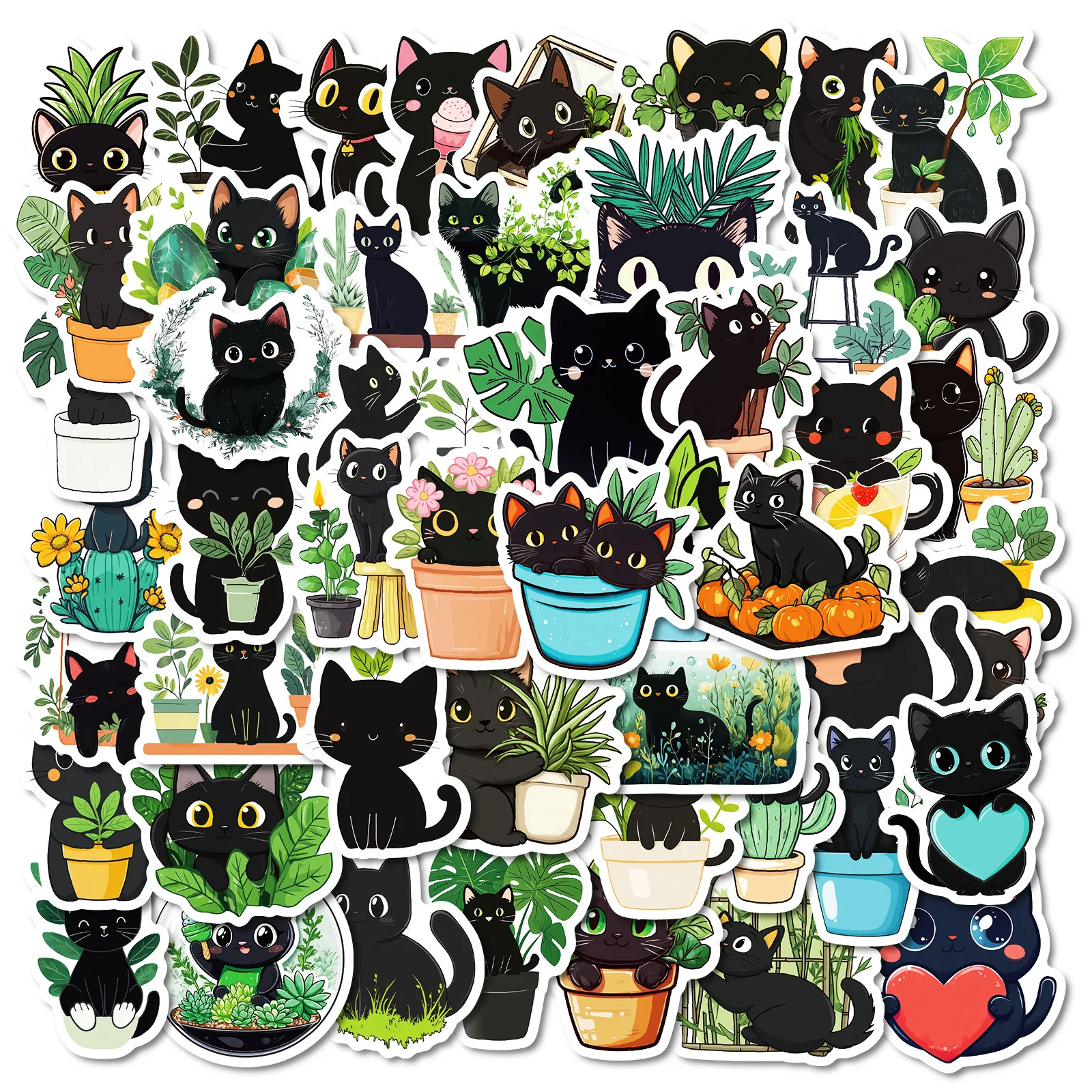 50Pcs hand drawn plant black cat graffiti decoration stickers cartoon water cup guitar computer skateboard stickers