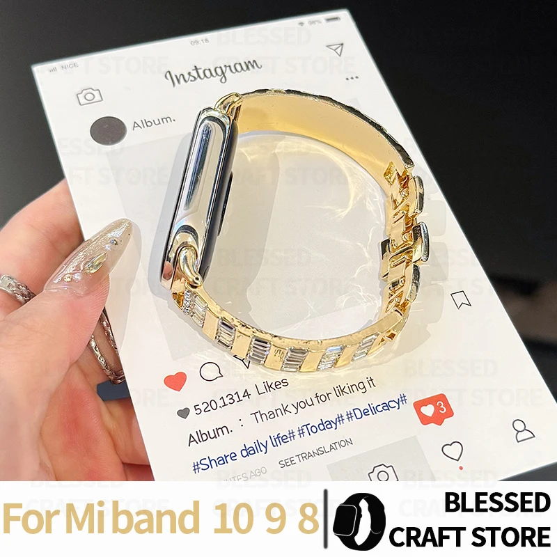 Shiny Diamond Metal Link Strap For Xiaomi Mi Band 8 9 10 NFC Elegant Jewelry Bracelet for Miband 8pro 9pro 18 20 22mm Wristband