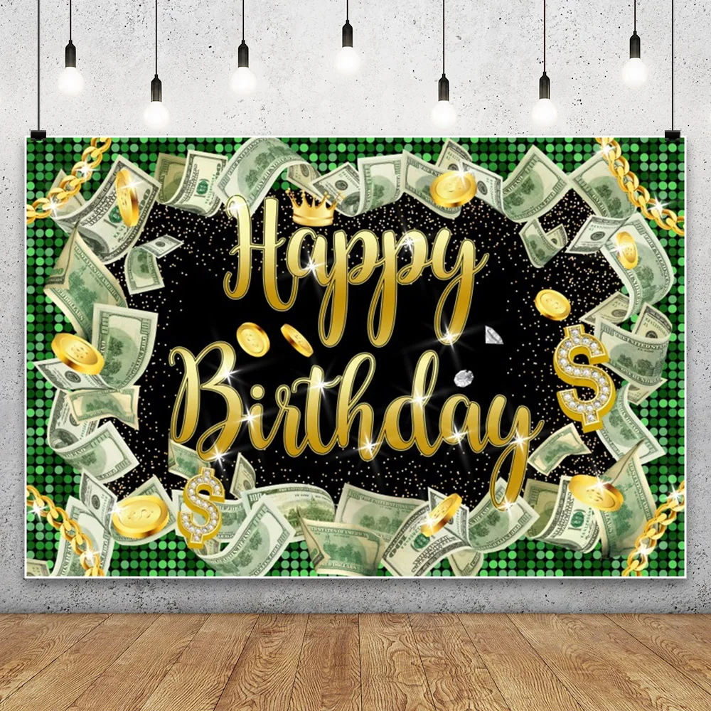 Fond de photographie de décoration de thème de dollar d'argent de fête d'anniversaire d'adulte, champagne, diamant, paillettes, toile de fond de néon vert de luxe