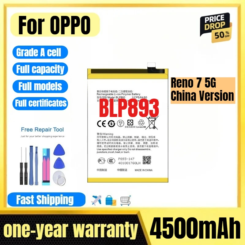 

BLP893 for OPPO Reno 7 5G China Version Phone Battery High Quality High Capacity Replacement Bateria Grade A Cell with Tools