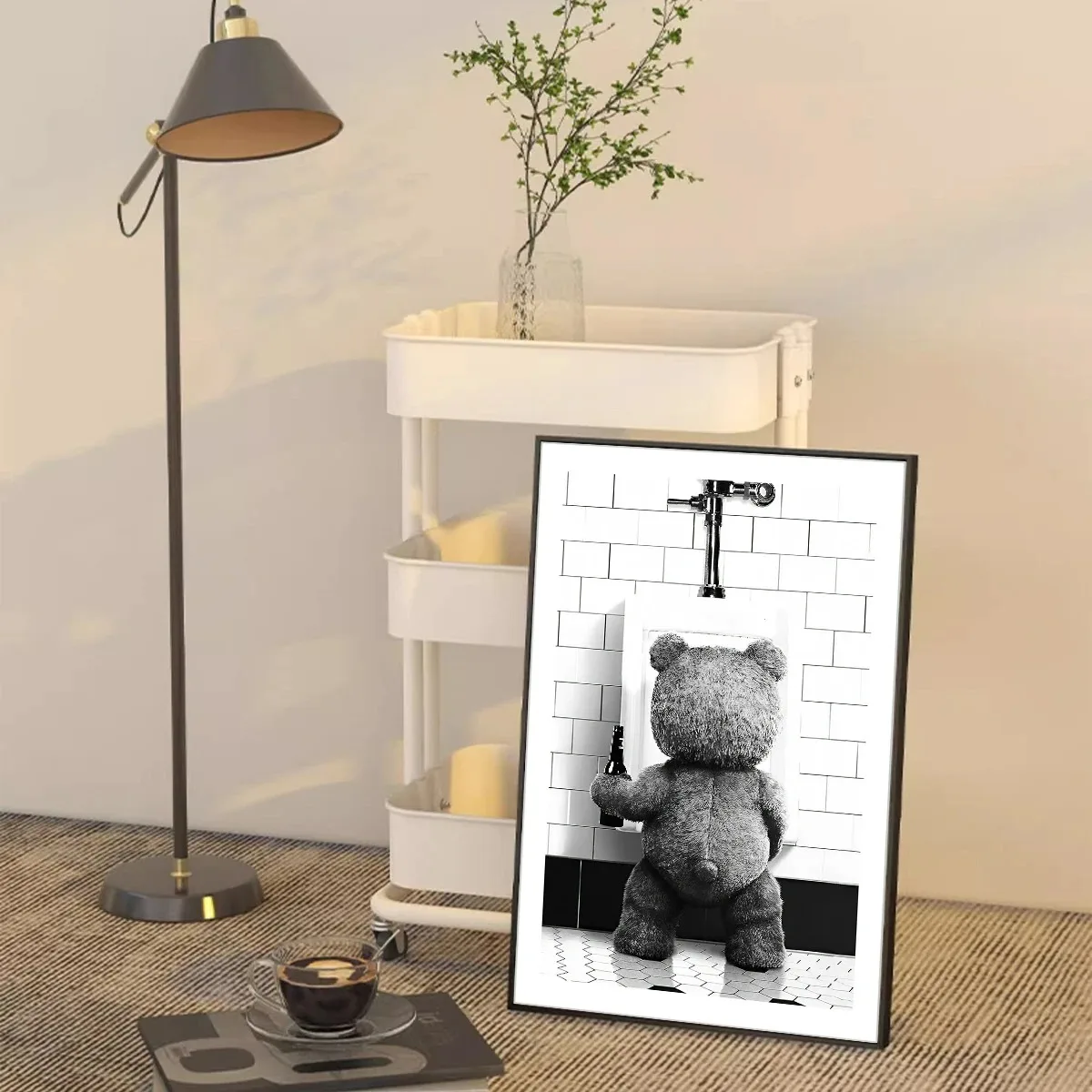 ملصق ديكور حمام دب لطيف بالأبيض والأسود ، لوحة قماشية ، صورة جدارية ، الموضة الحديثة ، فن الغرفة ، ديكور المنزل #4