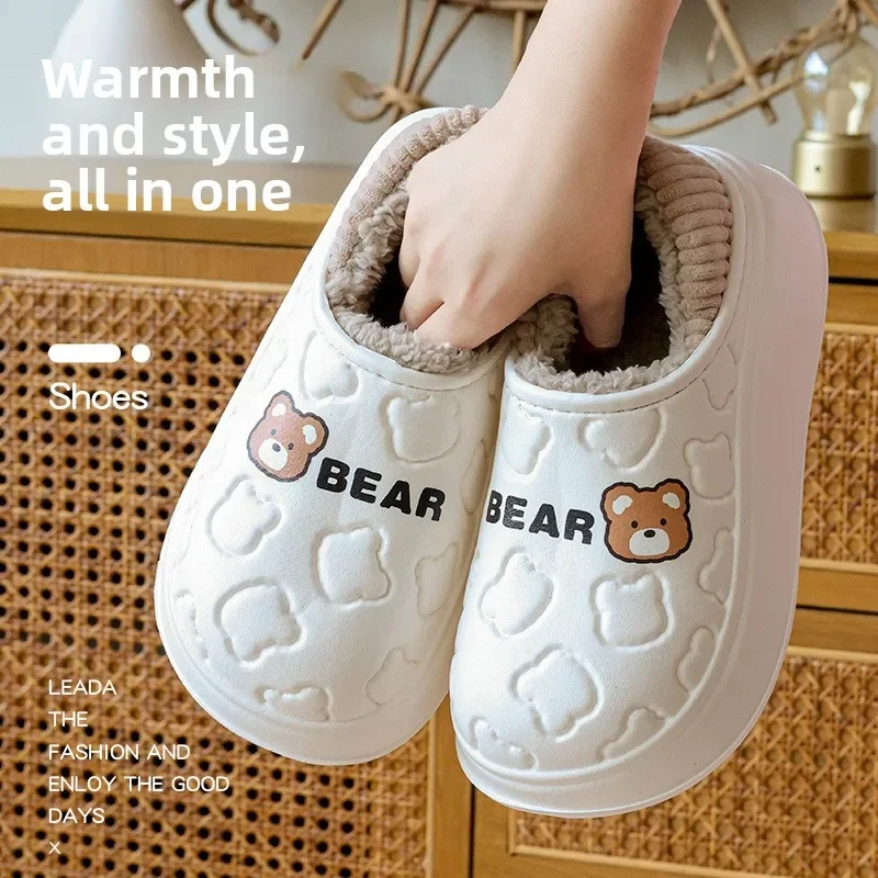 Womens Men Warm Cartoon Bear Slippers Anti slip Soft Sole Indoor House Shoes Breathable Plush Couples Home Bedroom Cozy Footwear