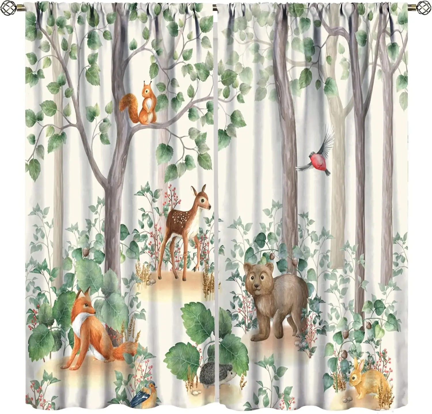 Forest Animal Curtains,Fox Elk Bird Animal Watercolor Woodland Print Curtains Kids Nursery Bedroom Living Room Home Decoration