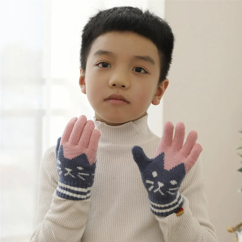 Guantes de invierno de punto para niños, niñas, estudiantes, lindo gato con forro polar, engrosado, cálido, imitación, Cachemira, niños, 3 a 8 años