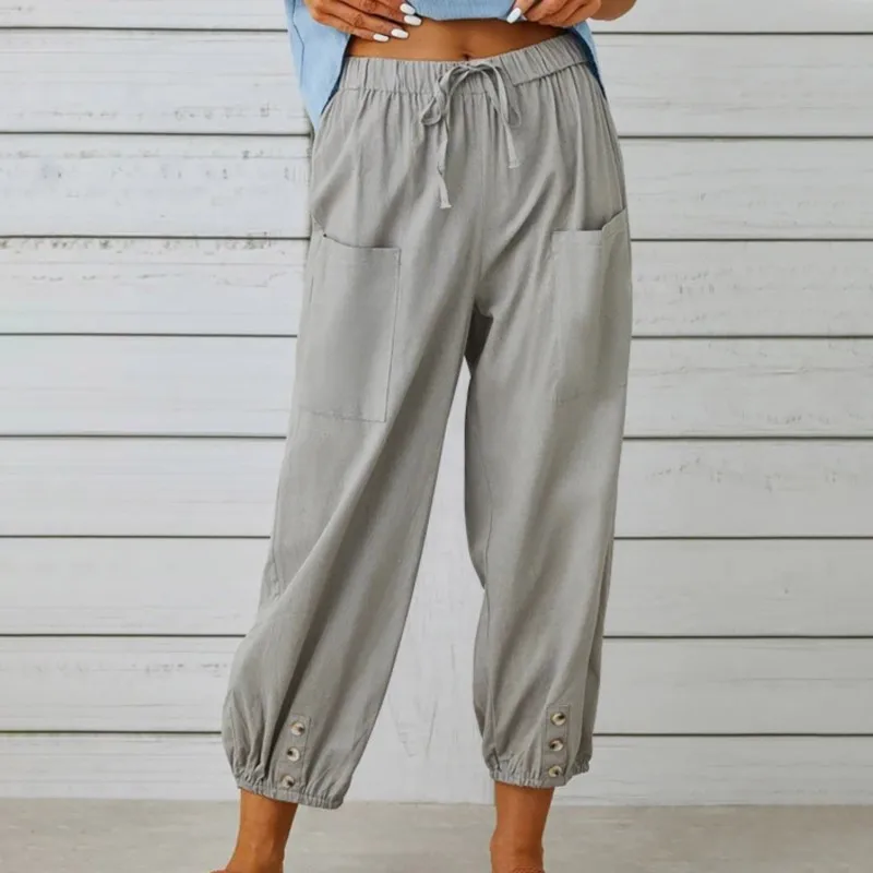 2026 New Women Simple Loose High Waist Buttoned Cotton And Linen Pant Nine-Point Pants Wide Leg Women's Pants Streetwear Clothes