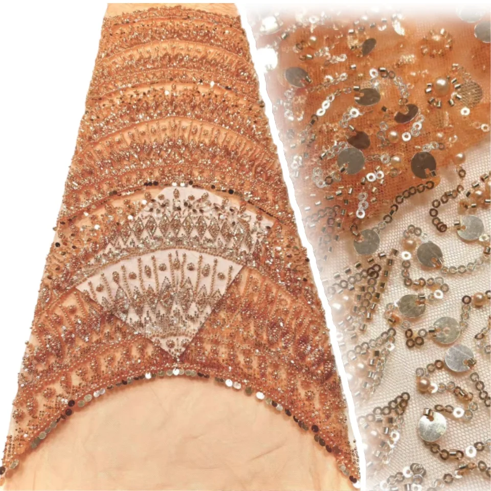 

New Orange African Sequins Tulle Lace Fabrics French 2025 Luxury Nigerian Beads Lace Fabric for Bridal Wedding Party Dress C1328