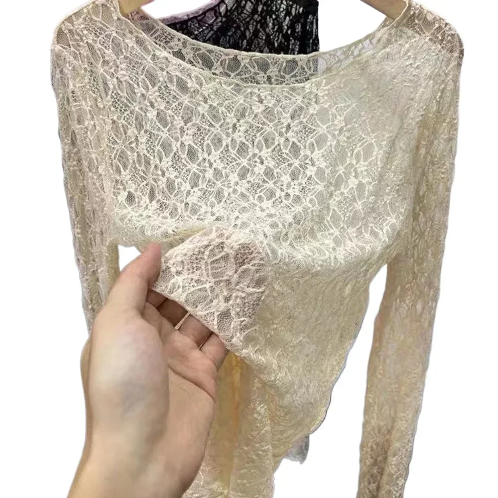 Kobiety Koronkowe Pullover TopS Retro Długi rękaw Okrągły dekolt Przezroczysty Jednolity kolor Dopasowane T-Shirty Casual Blouse Streetwear Y2K 2000s — zdjęcie 2