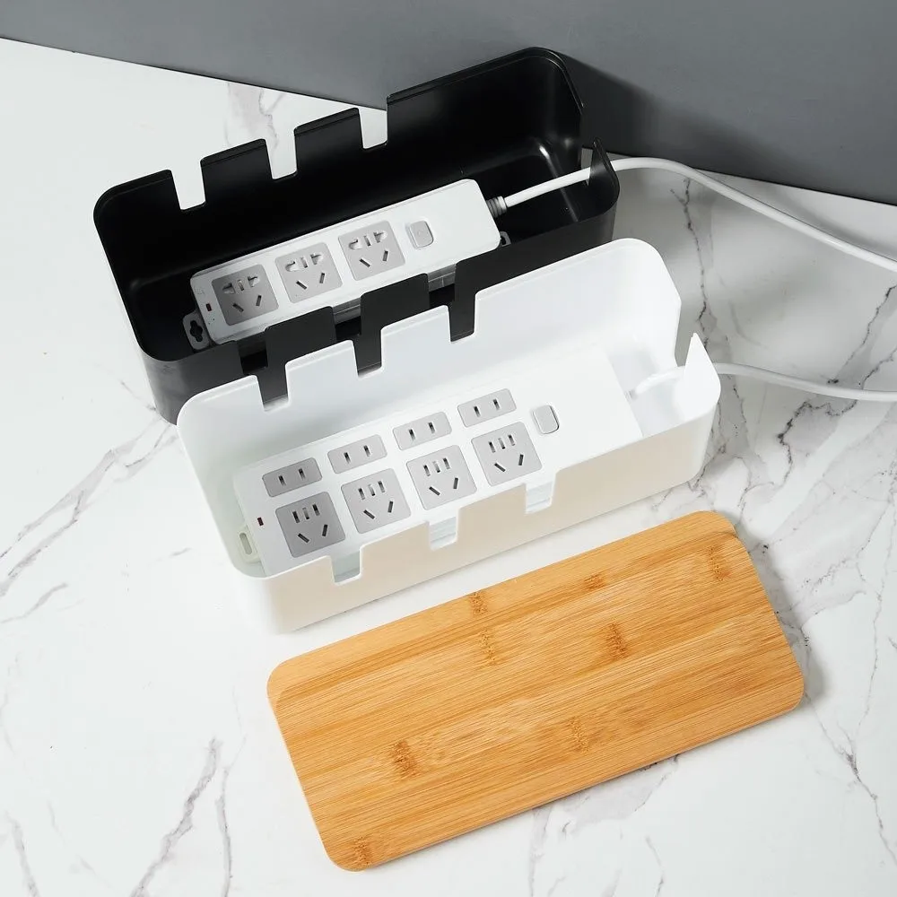 

Plastic Household Cable Management Box with Wooden Lid Dustproof Desk Power Cable Box Stackable Storage Bin