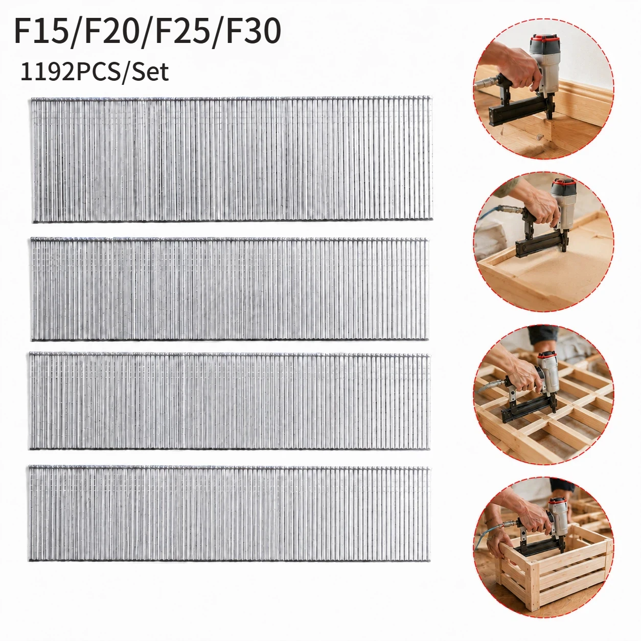 1192pcs 4 Sizes Available: 14mm - 29mm 18GA Brad Nails Galvanized Pneumatic Nail Gun Hardware for Woodworking Trim Projects