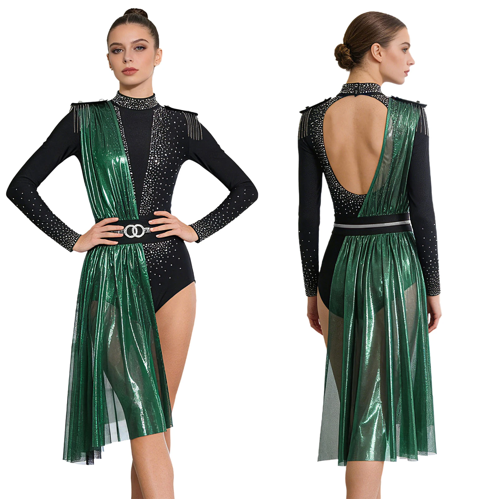 Damen Moderner Lyrischer Tanz-Bodysuit Kleid Metallisch Glänzender Strass-Leotard mit Gürtel für Eiskunstlauf Gymnastik Zeitgenössischer Tanz