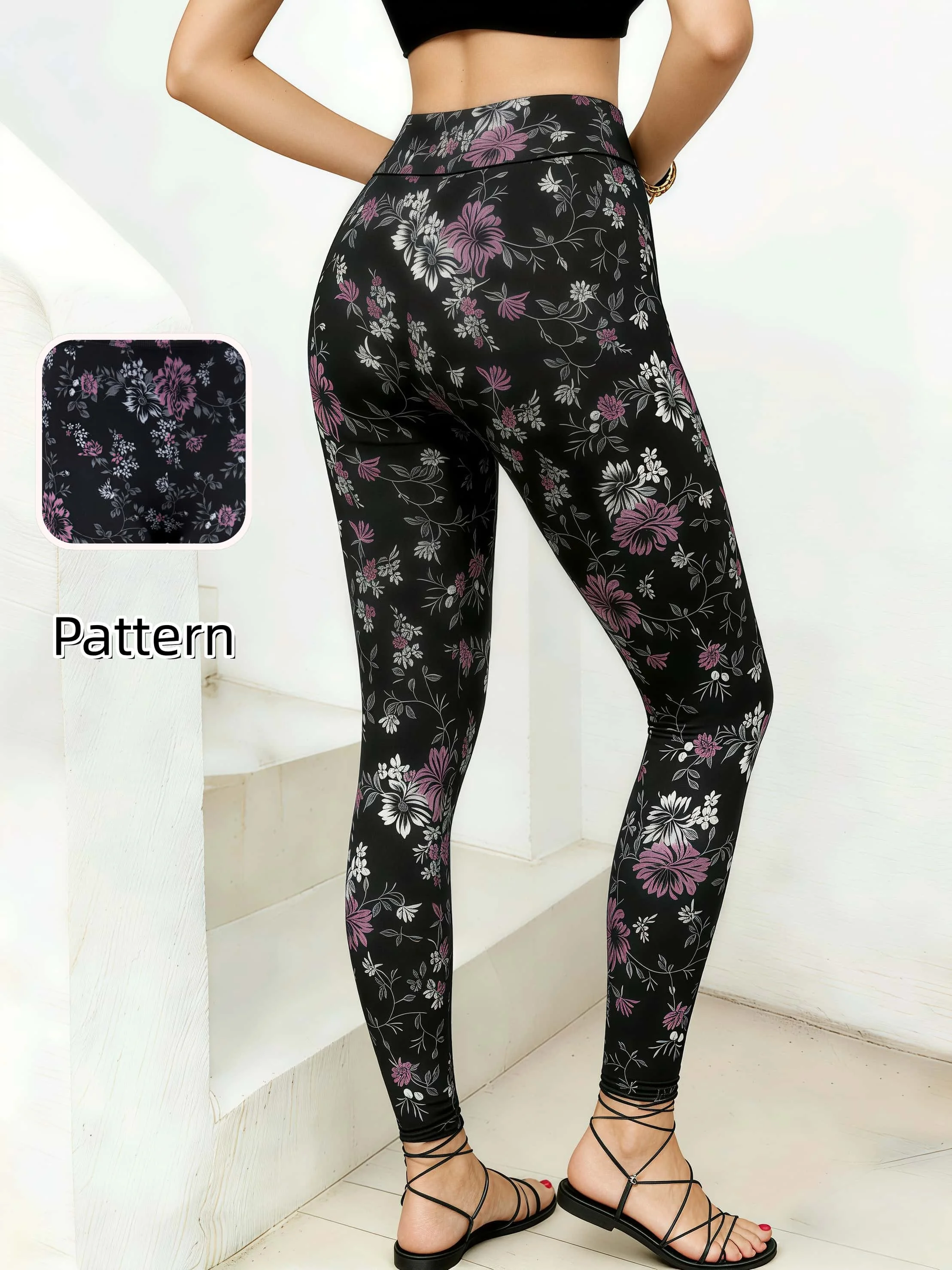 Women's Purple Tone Floral Print Cropped Pants High Waist Stretchy Slim Fit Outdoor Yoga Pants For Outings And Parties