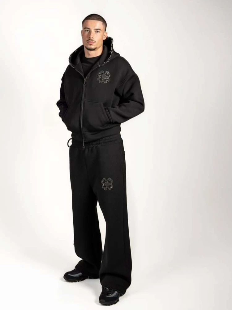 Olivgrünes Street-Style-Hoodie- und Hosen-Set für Herren, lässig, locker, 2-teilig, bestickter Reißverschluss, Sportbekleidung, Mode