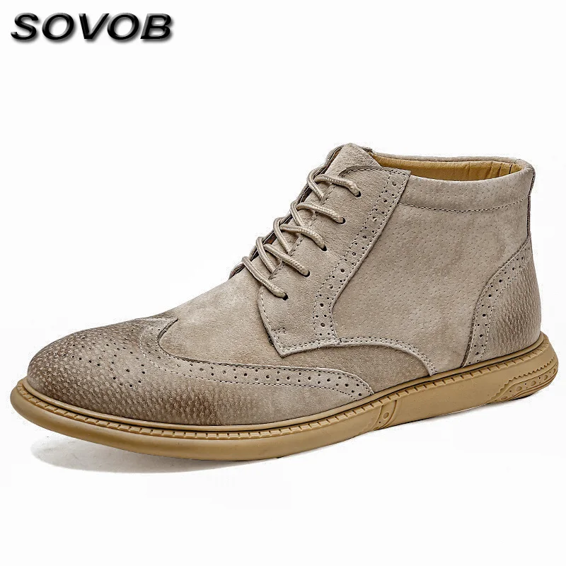 

Vintage Style Khaki Brogue Shoes For Men Big Size 38-46 High Top Lace-Up Leather Casual Shoes Male Comfy Flat Men's Social Shoes