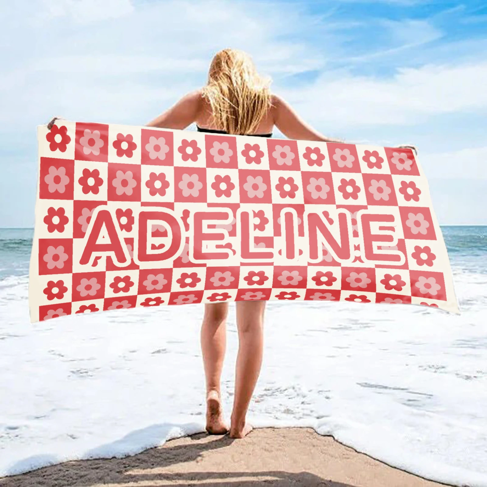 Custom Name Purple Checkered Daisy Beach Towel, Personalized Retro Floral Checkerboard Bath Towel, Customized Name Gift for Girl