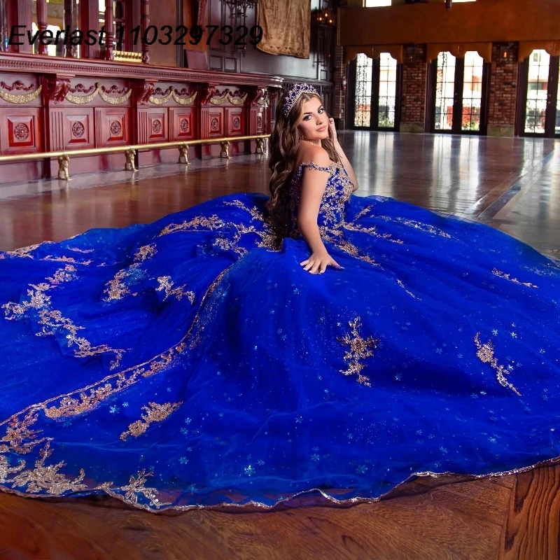 EVLAST Customized Royal Blue Quinceanera Dress Ball Gown Gold Lace Applique Beaded With Cape Sweet 16 Vestidos De 15 Años TQD883