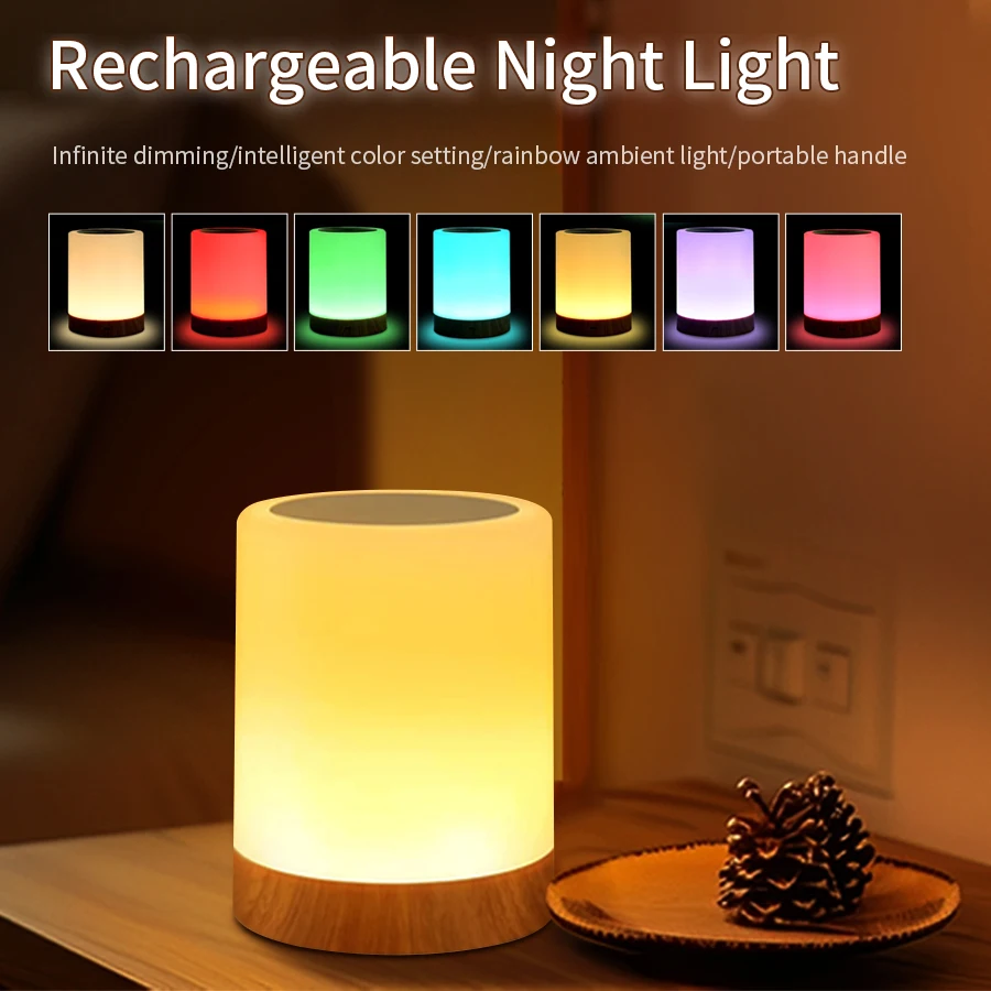 

Портативная прикроватная настольная лампа RGB с сенсорной регулировкой яркости, настольный ночник, USB перезаряжаемая настольная лампа для детей, подарок, спальня, кемпинг, светильник