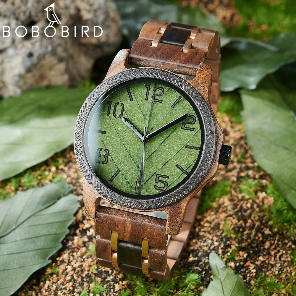 BOBO BIRD Genuine Leaf orologi in legno da uomo benedizione personalizzata orologio da polso fatto a mano naturale supporto regalo in legno Dropshipping